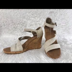 TOMS Clarissa Strappy cork wedges, ivory canvas. Skinned spot on cork left heel.